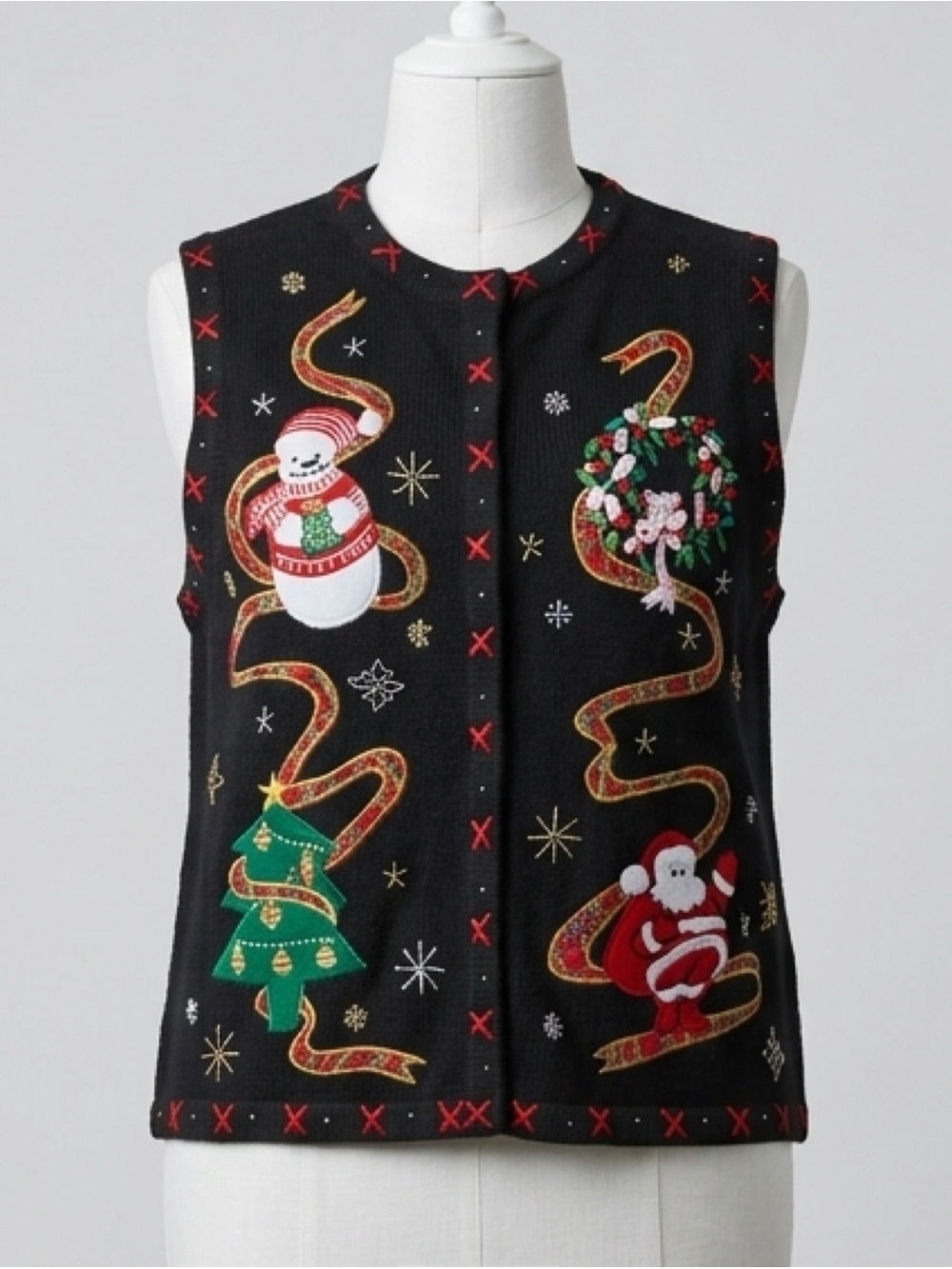 All Points Vtg Y2K Sweater Vest Christmas Embroidered Snowman Santa Knit Size L